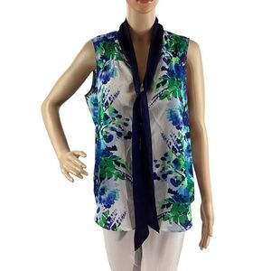 New York & Company Floral Sleeveless Blouse Tie Neck Watercolor Print Size M